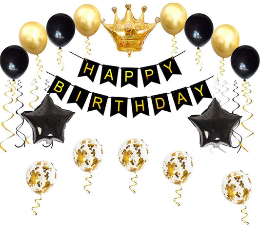 Birthday Party Decorations KIT - Happy Birthday Banner, Gold Crown Balloon Gold and Black Latex Balloons, Perfect Party Supplies