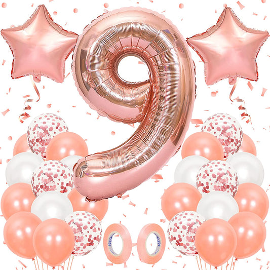 16 Inch Rose Gold Number 9 Balloon, Large Helium Balloon Birthday Party Decorations for Girls, Rose Gold Latex Balloons, 2 Year Party Supplies for Baby Shower Birthday Celebration