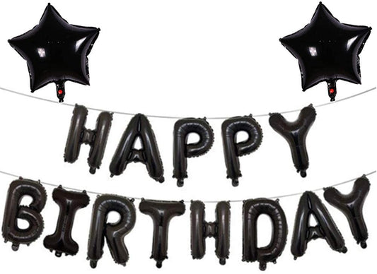 Black Happy Birthday Balloon Banner Self Inflated Black 16 inch Letters Foil & 2 Pack Large 18 Inch Black Stars Ballloons for Birthday Party Decorations Supplies