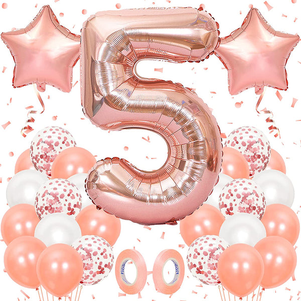 16 Inch Rose Gold Number 5 Balloon, Large Helium Balloon Birthday Party Decorations for Girls, Rose Gold Latex Balloons, 2 Year Party Supplies for Baby Shower Birthday Celebration