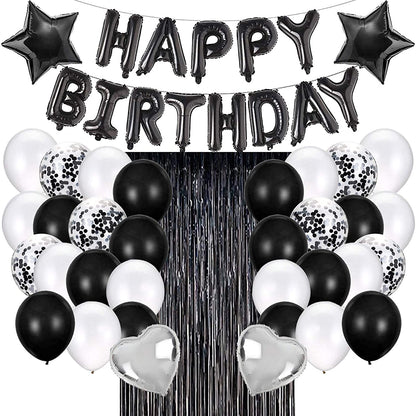 Black Birthday Party Decorations Set with Happy Birthday Balloons Banner, Confetti Balloons, Foil Fringe Curtain for Birthday Party Supplies (Birthday)