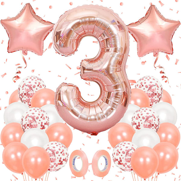16 Inch Rose Gold Number 3 Balloon, Large Helium Balloon Birthday Party Decorations for Girls, Rose Gold Latex Balloons, 2 Year Party Supplies for Baby Shower Birthday Celebration