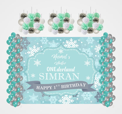 Winter Wonderland Theme Birthday Party Decoration Kit with Backdrop & Balloons