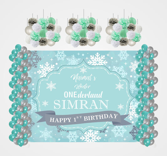 Winter Wonderland Theme Birthday Party Decoration Kit with Backdrop & Balloons