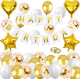 Gold White Balloon Garland, Happy Birthday Banner, Gold Latex Confetti Sequin Balloon for Birthday Party, Baby Shower, Wedding, Man Woman Wedding Anniversary