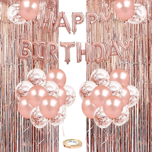 Birthday Decoration, 50PCS Rose Gold & Confetti Latex Balloons, Happy Birthday Balloons Banner with 2 Foil Fringe Curtains, Birthday Decorations for Women Girls