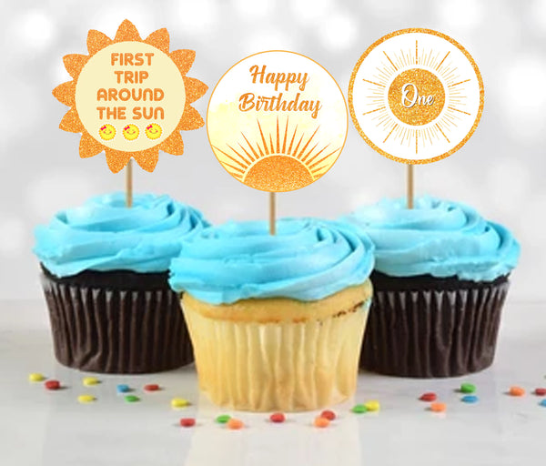 First Trip Around the Sun Theme Birthday Party Cupcake Toppers