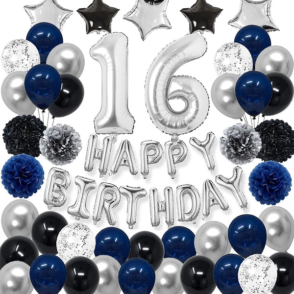 16th Birthday Decorations Navy Blue Black Silver Happy Birthday Party Supplies with Pom Poms Flower Confetti Balloon 16 Foil Number Balloon and Happy Birthday Banner