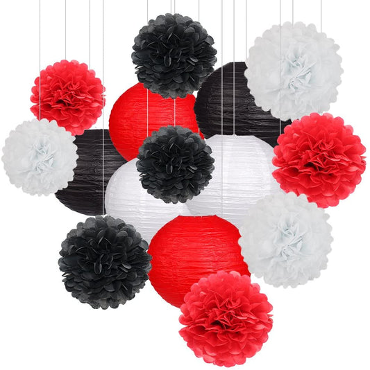 Red, Black And White Tissue Paper Pom Poms And Paper Lanterns -Casino Party, Movie party Decorations