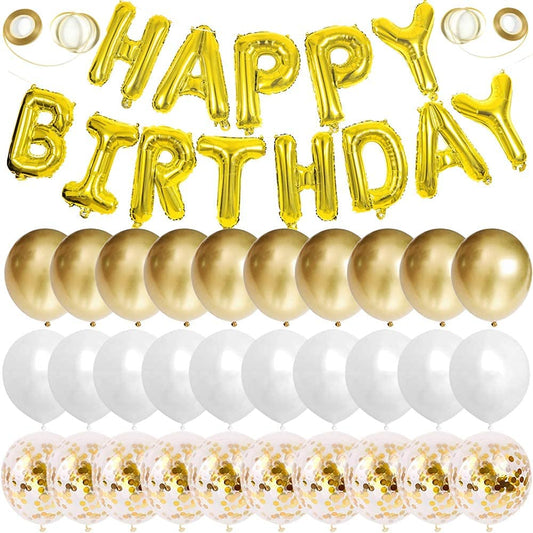 Gold Happy Birthday Balloon Banner White and Gold Confetti Balloons for Birthday Party Decorations