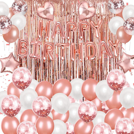 Rose Gold Birthday Party Supplies Kit ,Girls & Women Birthday Decor with Happy Birthday Banners,Foil Curtain/Balloons, Confetti Balloons Party Decoration (Birthday Decoration)