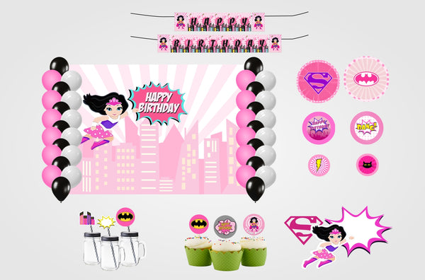 Super Girl Theme Birthday Party Combo Kit with Backdrop & Decorations
