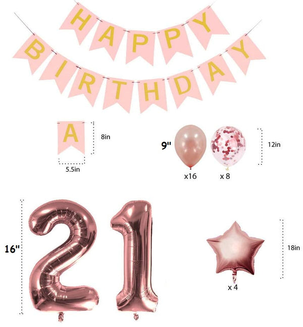 Rose Gold Sweet Party Supplies - Sweet Gifts for Girls - Birthday Party Decorations - Happy Birthday Banner, Number and Confetti Balloons (21th Birthday)