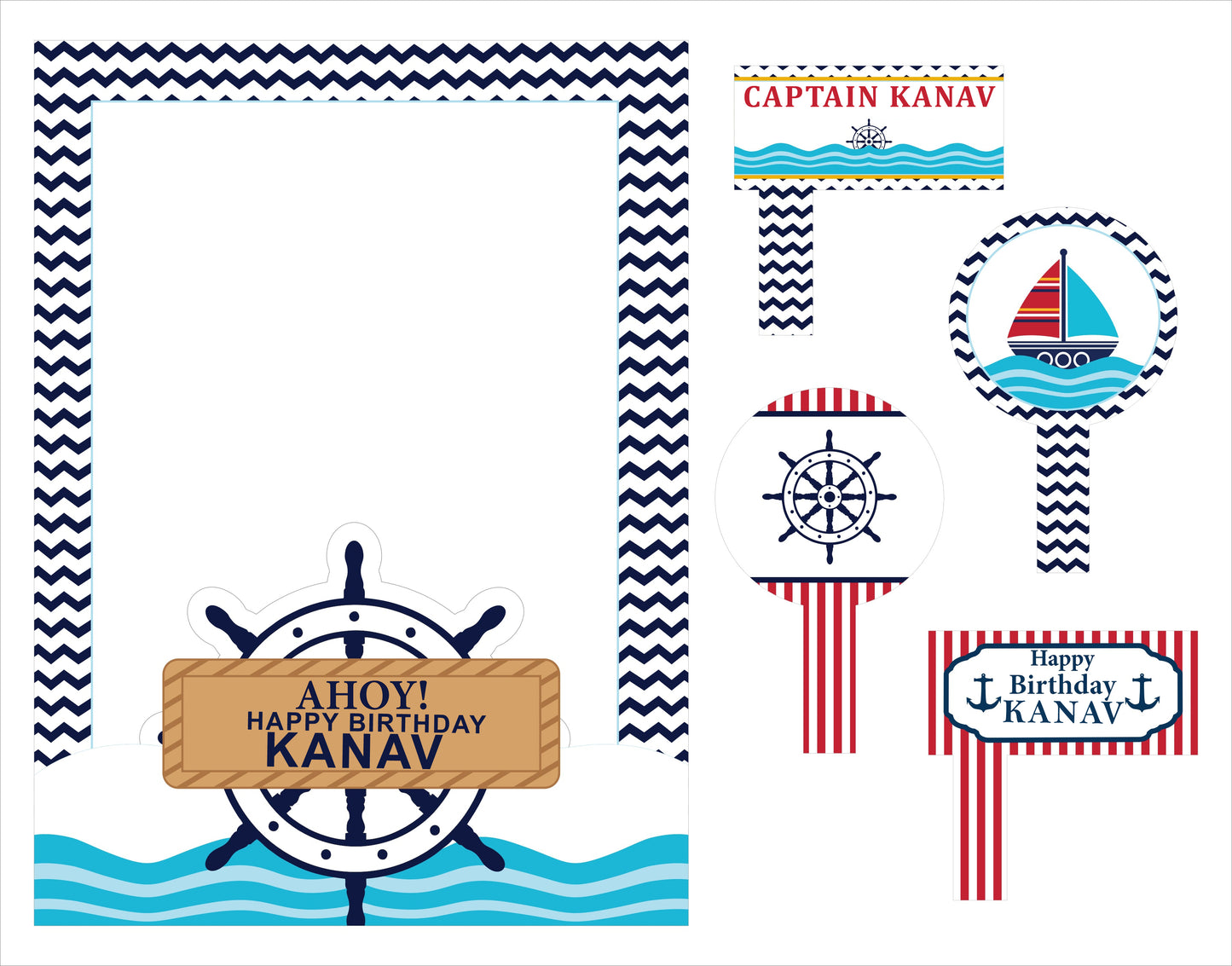 Nautical Ahoy  Theme Birthday Party Selfie Photo Booth Frame & Props