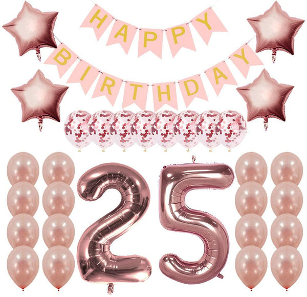 Rose Gold Sweet Party Supplies - Sweet Gifts for Girls - Birthday Party Decorations - Happy Birthday Banner, Number and Confetti Balloons (25th Birthday)