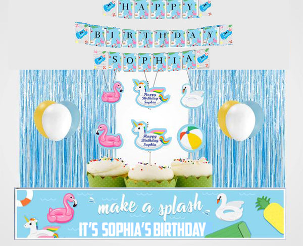 Pool Party Birthday Combo Kit with Backdrop & Decorations