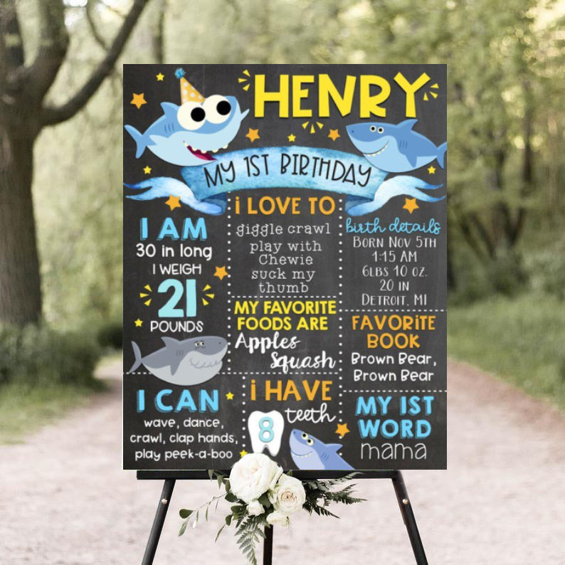 Baby Shark Customized Chalkboard/Milestone Board for Kids Birthday Party