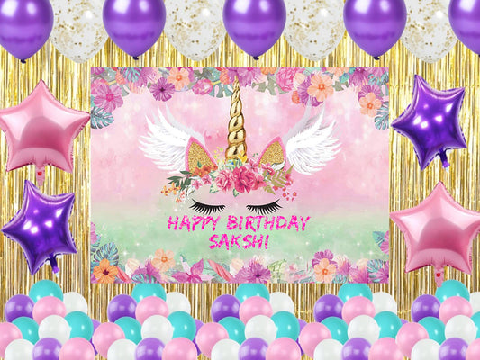 Unicorn Theme Birthday Party Decoration Kit with Backdrop & Balloons