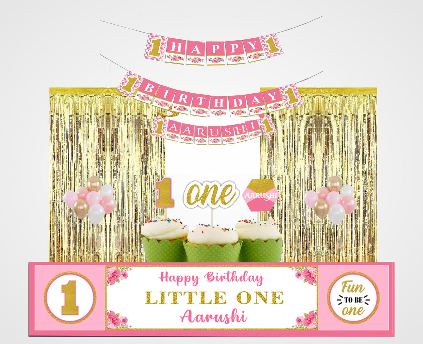 One is Fun First Birthday Party Decoration Kit with Foil Curtains