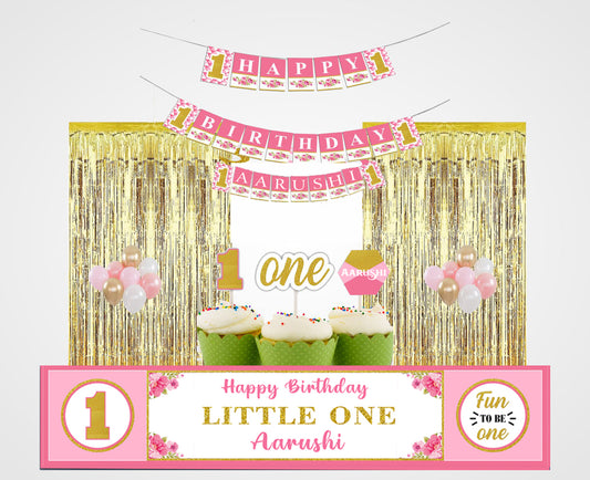 One is Fun First Birthday Party Decoration Kit with Foil Curtains