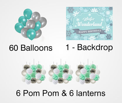Winter Wonderland Theme Birthday Party Decoration Kit with Backdrop & Balloons