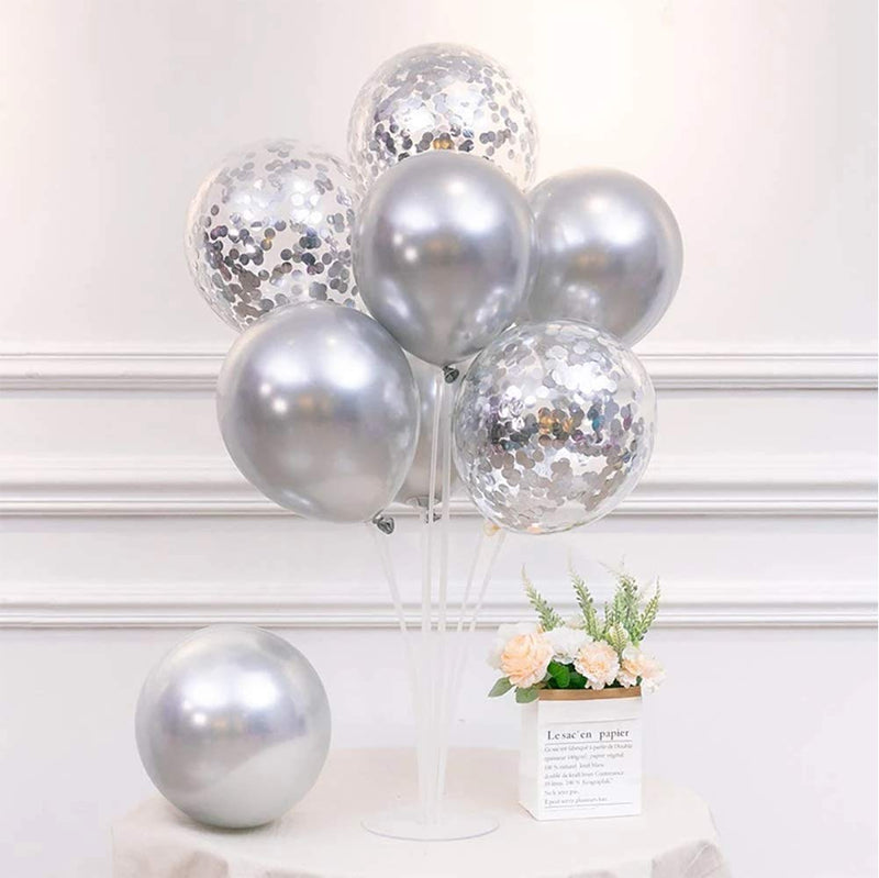 Balloons Stand KIT Table Decorations, 2 Set with 16 PCS Balloons and Confetti Balloons (Silver)