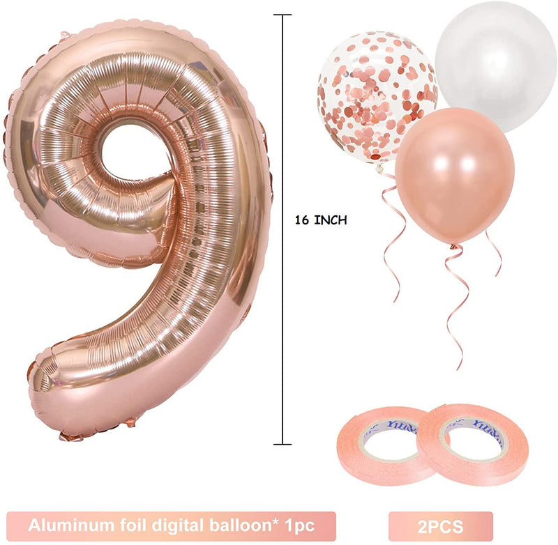 16 Inch Rose Gold Number 9 Balloon, Large Helium Balloon Birthday Party Decorations for Girls, Rose Gold Latex Balloons, 2 Year Party Supplies for Baby Shower Birthday Celebration