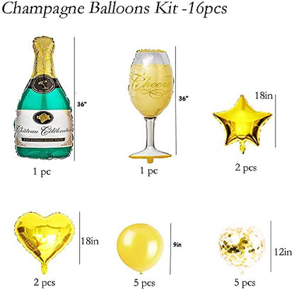 Champagne Bottle Goblet Party Balloons 16Pcs Aluminum Film Foil Balloon Kits for Anniversary Birthday Celebration Wedding Bachelor Party Decorations (Balloons)