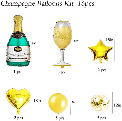 Champagne Bottle Goblet Party Balloons 16Pcs Aluminum Film Foil Balloon Kits for Anniversary Birthday Celebration Wedding Bachelor Party Decorations (Balloons)