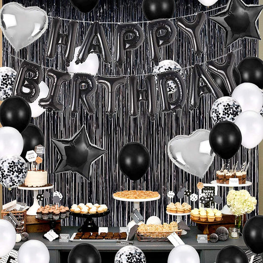 Black Birthday Party Decorations Set with Happy Birthday Balloons Banner, Confetti Balloons, Foil Fringe Curtain for Birthday Party Supplies (Birthday)