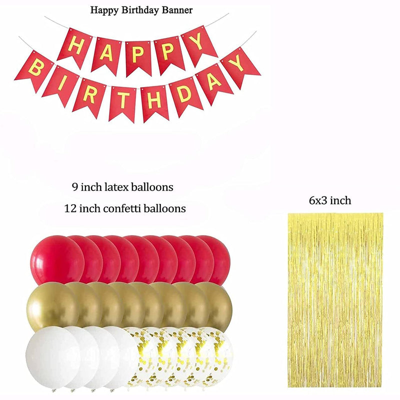 Red and Gold Happy Birthday Party Decorations with Banner Balloons Foil Fringe Curtains for Girls Women