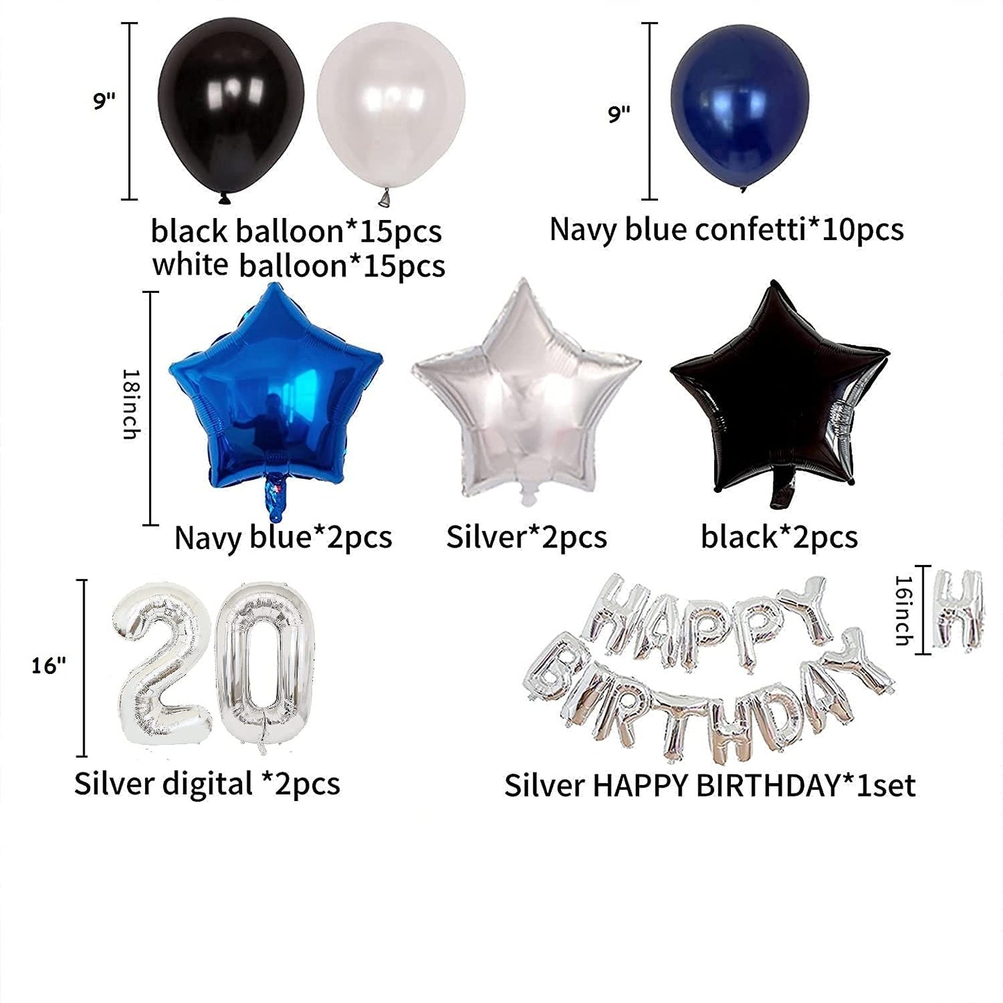 20th Birthday Decoration Balloon, 16 Inch Number Balloons, Banner Navy Blue White Black Latex Balloons Star Foil Balloons for Boys Girls Birthday Party Supplies (20th Birthday)