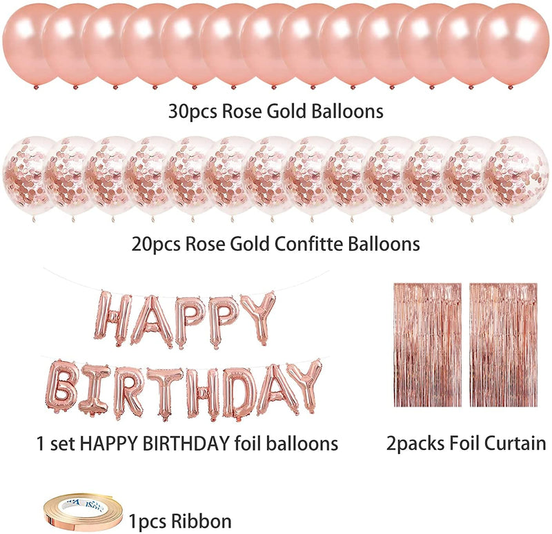 Birthday Decoration, 50PCS Rose Gold & Confetti Latex Balloons, Happy Birthday Balloons Banner with 2 Foil Fringe Curtains, Birthday Decorations for Women Girls