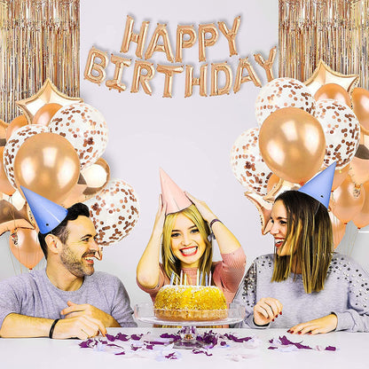 Birthday Decorations for Girls and Women with Happy Birthday Balloons Banner and Complete Rose Gold Party Supplies includes Tassel Garland Foil Curtain Confetti Heart Star Shaped