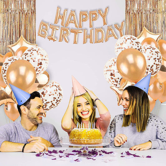 Birthday Decorations for Girls and Women with Happy Birthday Balloons Banner and Complete Rose Gold Party Supplies includes Tassel Garland Foil Curtain Confetti Heart Star Shaped