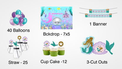 Mermaid Theme Birthday Complete Party Kit with Backdrop & Decorations