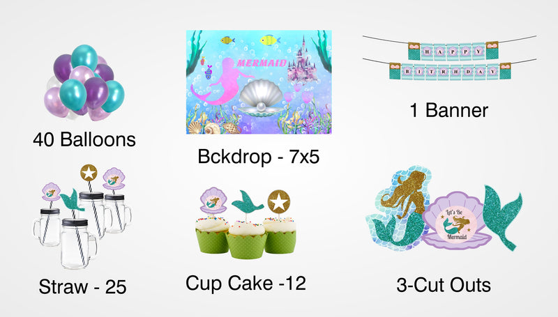 Mermaid Theme Birthday Complete Party Kit with Backdrop & Decorations