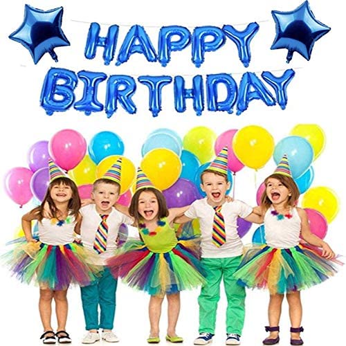 Blue Happy Birthday Banner Balloon Bunting Blue 16 inch Letters Foil & 2 Pack Large 18 Inch Blue Stars Ballloons for Boys Birthday Party Decorations Supplies