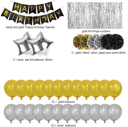 Birthday Decorations Silver Black Gold Complete Set