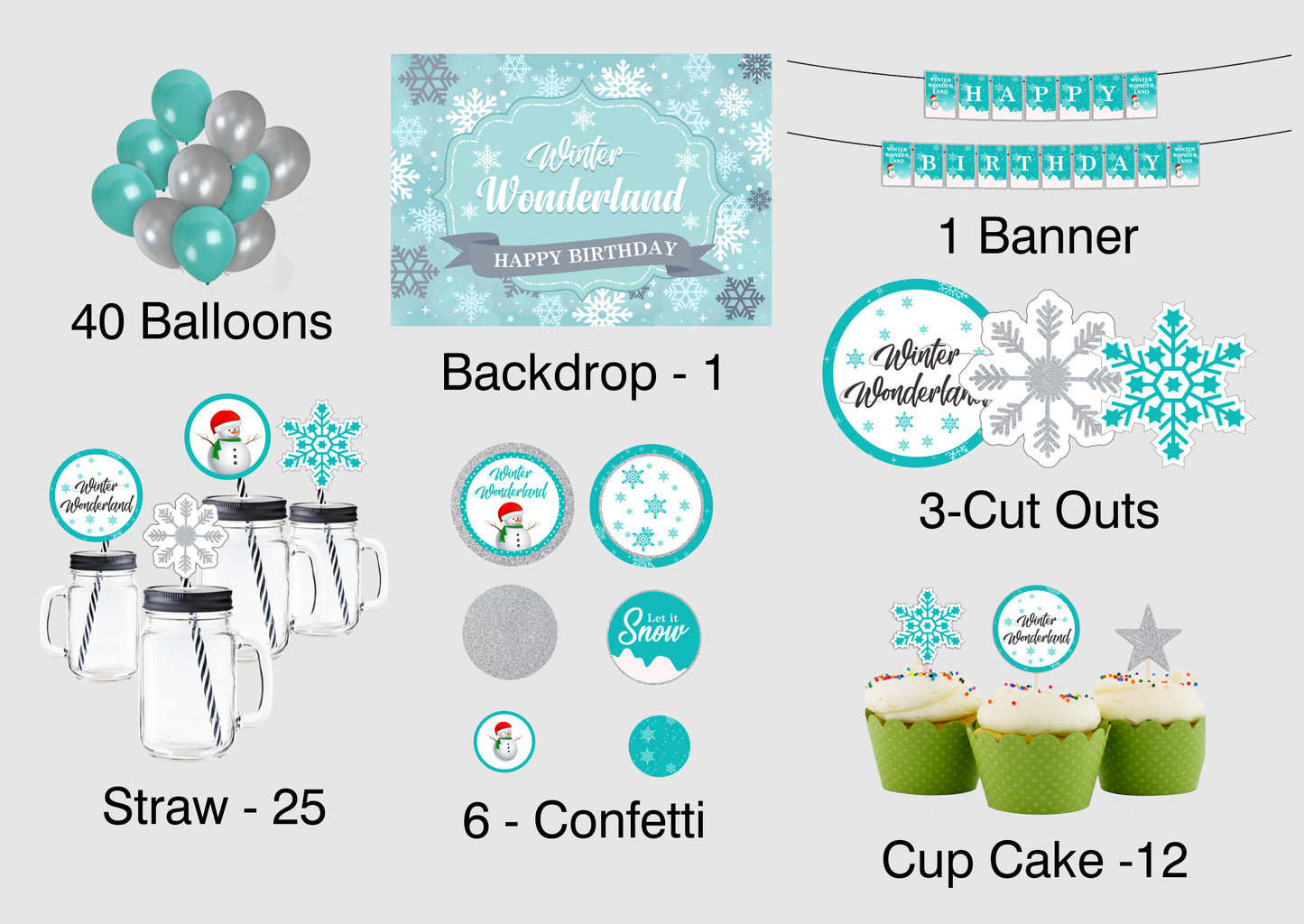 Winter Wonderland Theme Complete Party Kit with Backdrop & Decorations