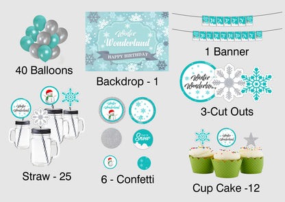 Winter Wonderland Theme Complete Party Kit with Backdrop & Decorations