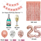 Decorations Supplies, Champagne Balloon, Pink Happy Birthday Banner, 25 Balloons,Rose Gold Foil Fringe Curtains,Confetti Balloons for 25th Birthday Decorations for Her (25th Birthday)