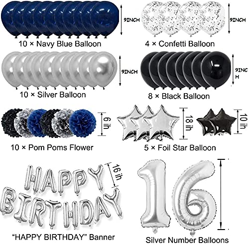 16th Birthday Decorations Navy Blue Black Silver Happy Birthday Party Supplies with Pom Poms Flower Confetti Balloon 16 Foil Number Balloon and Happy Birthday Banner
