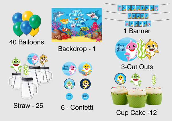 Baby Shark Theme Birthday Complete Party Kit with Backdrop & Decorations