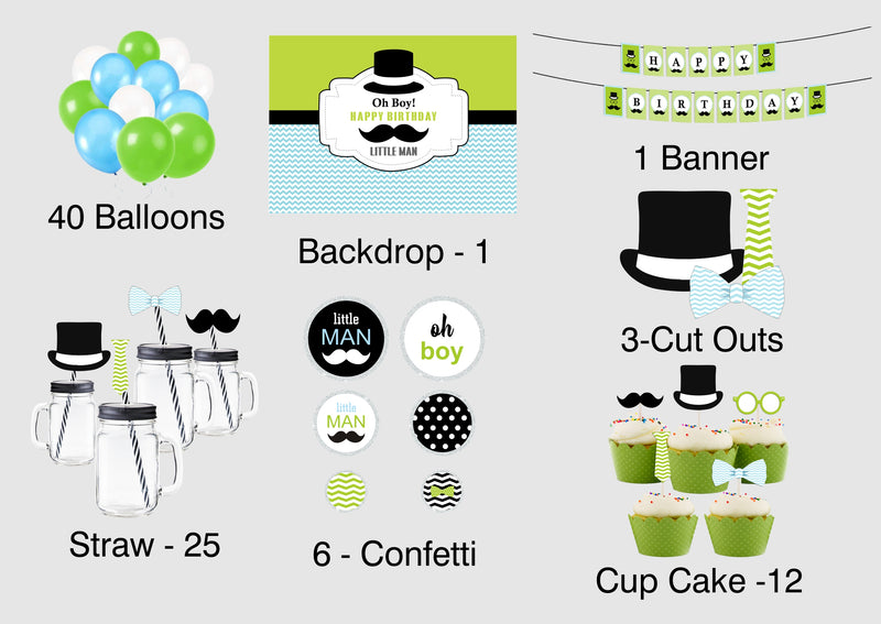 Little Man Theme Birthday Complete Party Kit with Backdrop & Decorations