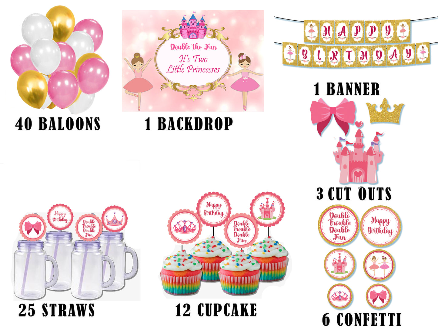 Twin Girls Theme Birthday Complete Party Kit with Backdrop & Decorations