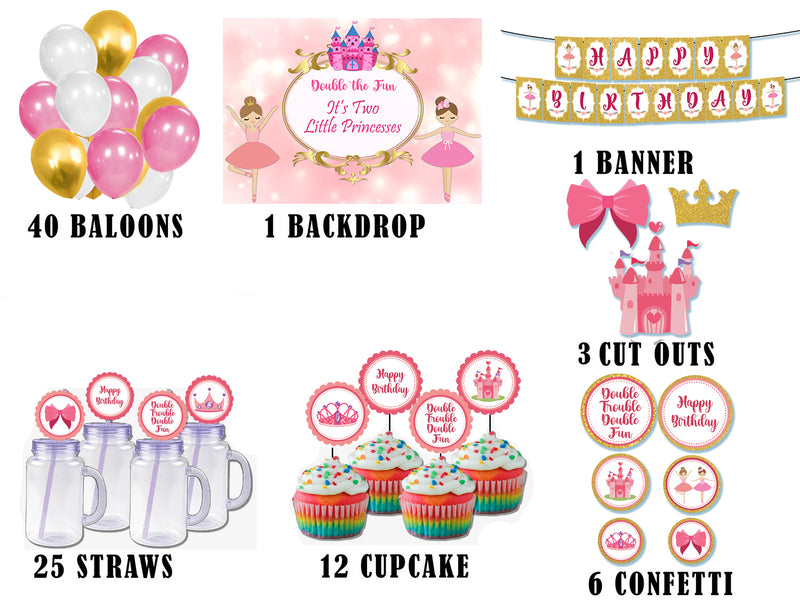 Twin Girls Theme Birthday Complete Party Kit with Backdrop & Decorations
