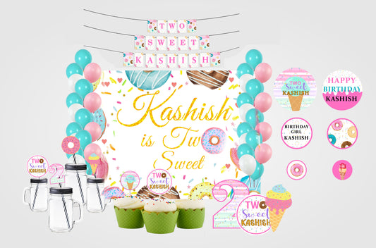 Two Sweet Theme Birthday Complete Party Kit with Backdrop & Decorations
