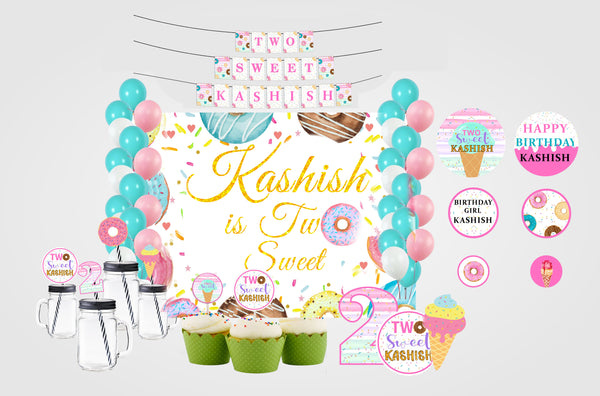 Two Sweet Theme Birthday Complete Party Kit with Backdrop & Decorations