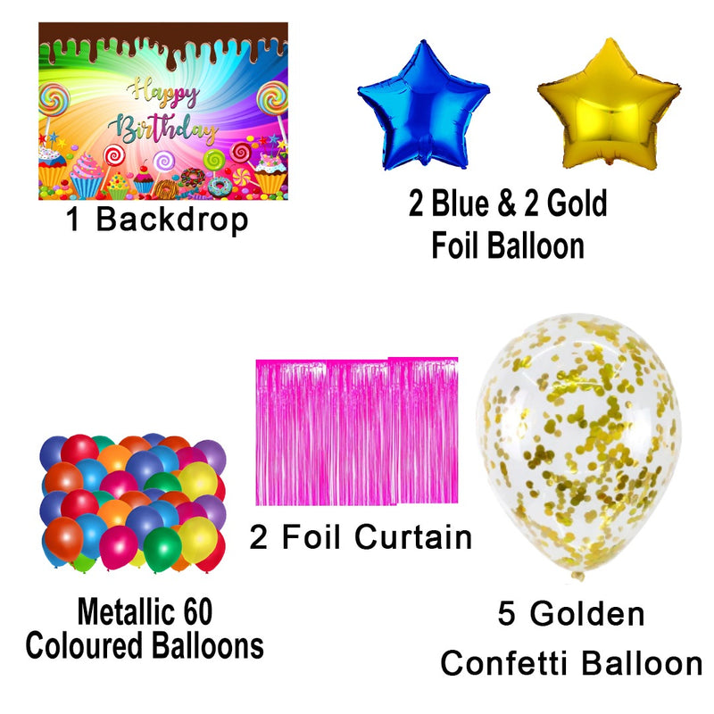 Candy Land Theme Birthday Party Decoration Kit with Backdrop & Balloons